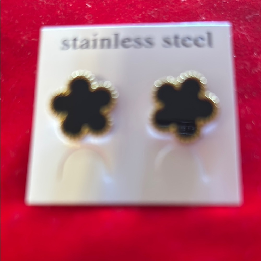 Stainless Steel Black and Gold Flower Earrings